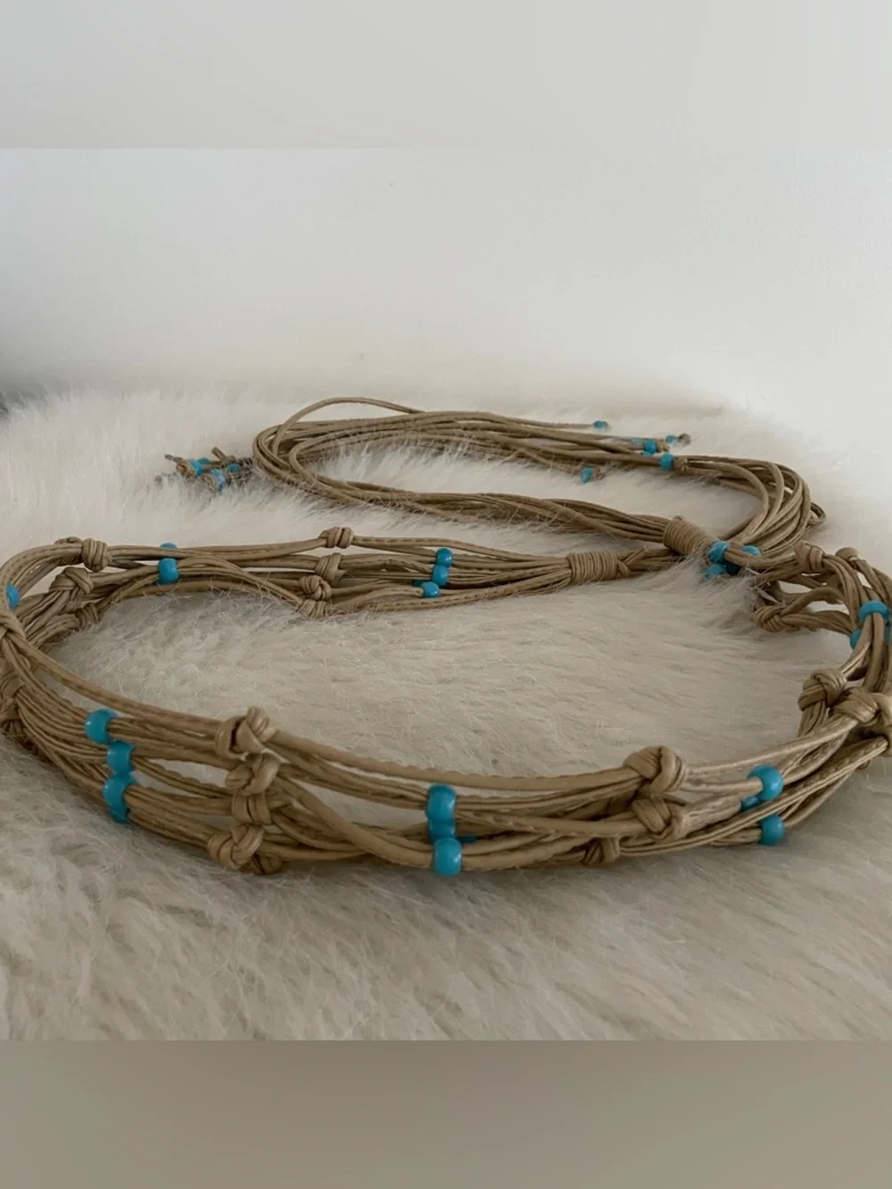 Vintage leather tie belt Handmade Natural Rope Waist Belt wTurquoise color Beads